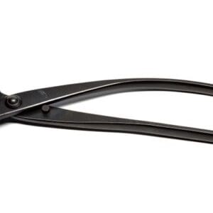 Black bonsai branch cutter on white background.