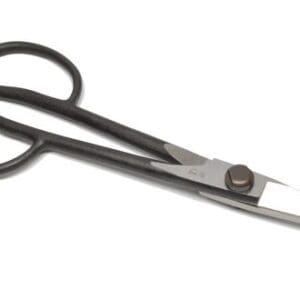 Black-handled scissors on white background.